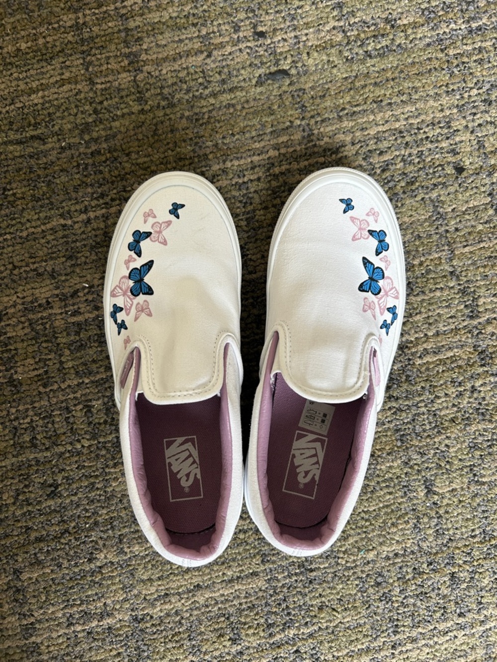 Vans White Classic Slip-On Sneakers with Blue/Purple Butterfly Accents